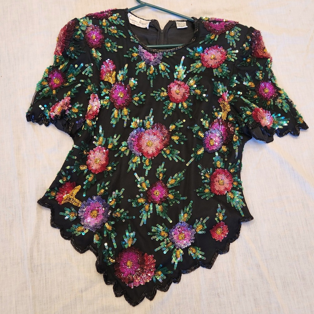 Laurence Kazar Vtg Silk Sequin Beaded Floral Blouse Black Pink PL Handkerchief